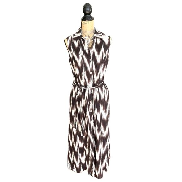 CHICO's Midi Dress Chevron pattern brown cream size 1.5 - 100% Linen - Picture 1 of 11